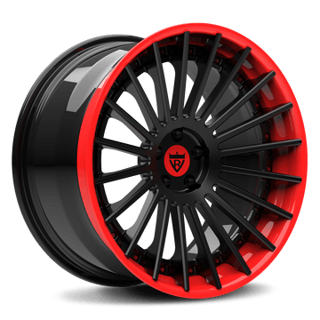 Custom BMW RV-TR66 3-piece forged wheels, black with red accents, high-strength aerospace-grade aluminum.